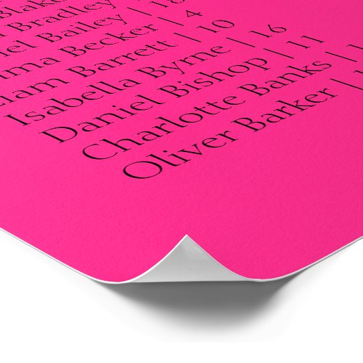 Neon Roze Basis Bruiloft Alfabetische Zitting Graf Poster (Hoek)