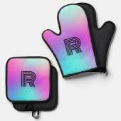 Neon roze blauw & Paarse ombre monogram Ovenwant & Pannenlap Set (Voorkant / Achterkant)