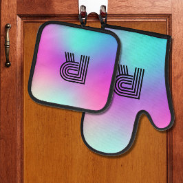 Neon roze blauw & Paarse ombre monogram Ovenwant & Pannenlap Set