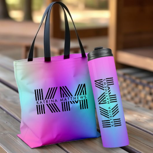 Neon roze blauw & Paarse ombre monogram Tote Bag