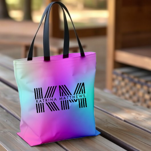 Neon roze blauw & Paarse ombre monogram Tote Bag