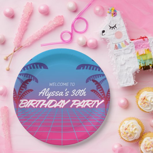 Neon Roze Blauw Retro 80s Thema Verjaardagsfeestje Papieren Bordje (Feest)