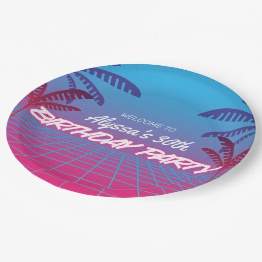 Neon Roze Blauw Retro 80s Thema Verjaardagsfeestje Papieren Bordje (Gekanteld)