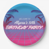 Neon Roze Blauw Retro 80s Thema Verjaardagsfeestje Papieren Bordje (Voorkant)