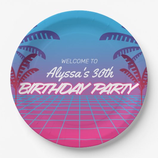 Neon Roze Blauw Retro 80s Thema Verjaardagsfeestje Papieren Bordje (Voorkant)