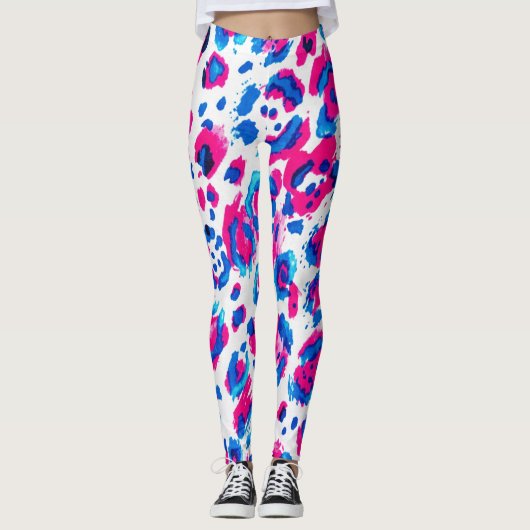 Neon Roze Blauwe Luipaardprint Leggings (Voorkant)