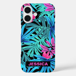 Neon Roze Blauwe Tropische Plantenpatroon Persoonl iPhone 16 Hoesje