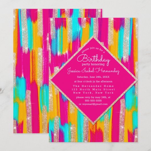 Neon Roze Blauwgroen Geel Goud Glitter Paint Verja Kaart (Voorkant / Achterkant)