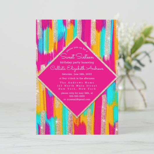 Neon roze Blauwgroen geel goud glitter verf zoet 1 Kaart (Staand voorkant)