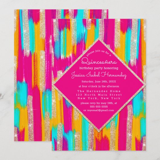 Neon Roze Blauwgroen Gouden Glitter Paint Quinceañ Kaart (Voorkant / Achterkant)
