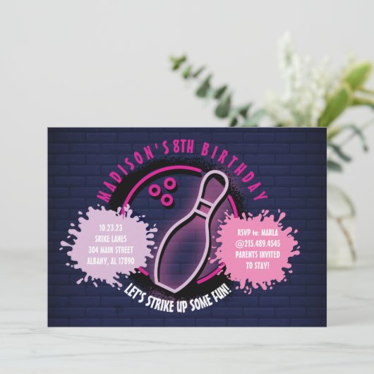 NEON ROZE BOWLING BAL ROND Verjaardagsfeest (Staand voorkant)