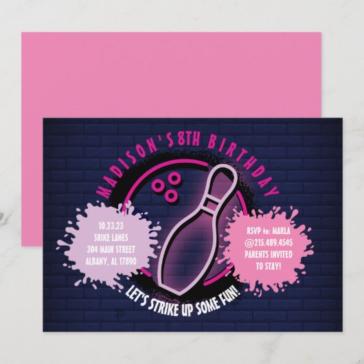 NEON ROZE BOWLING BAL ROND Verjaardagsfeest (Voorkant / Achterkant)