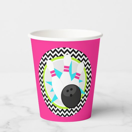 Neon Roze Bowling Papier Cups Papieren Bekers (Voorkant)