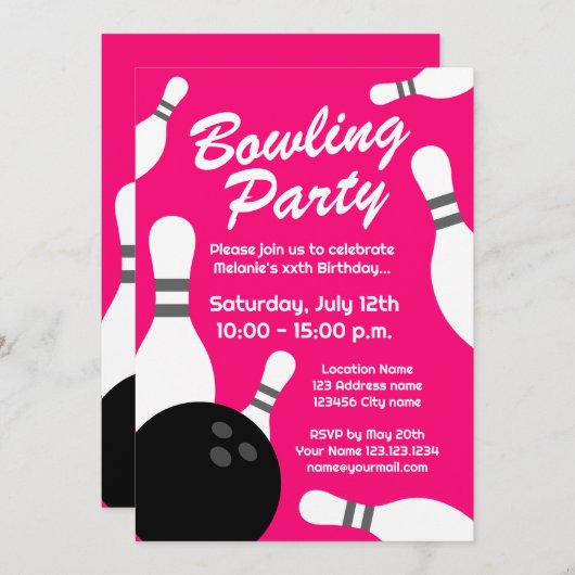 Neon roze bowling Verjaardagsfeestuitnodigingen Kaart (Voorkant / Achterkant)