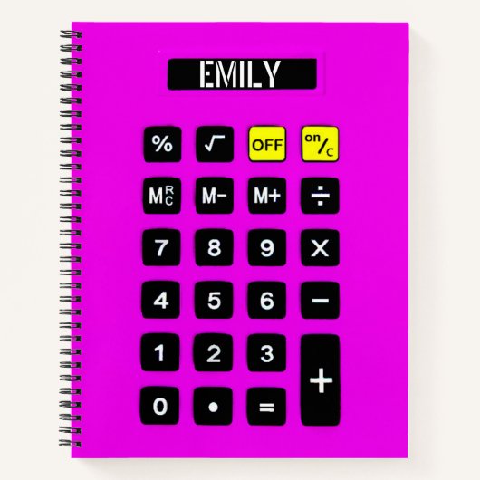 Neon roze calculator met naam notitieboek (Voorkant)
