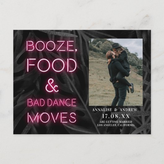 Neon roze casual palmblad behalve de datumfoto briefkaart (Voorkant)