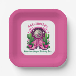 Neon roze cowgirl laarzen & disco bal bachelorette papieren bordje