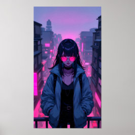 Neon Roze Cyberpunk Meisje Stad Portret Poster