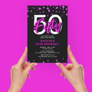 Neon Roze Dertigste 50e Verjaardagsfeestje Kaart