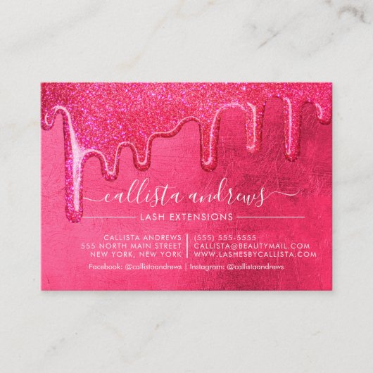 Neon roze dikke glitter druppels wimpers nazorg visitekaartje (Voorkant)
