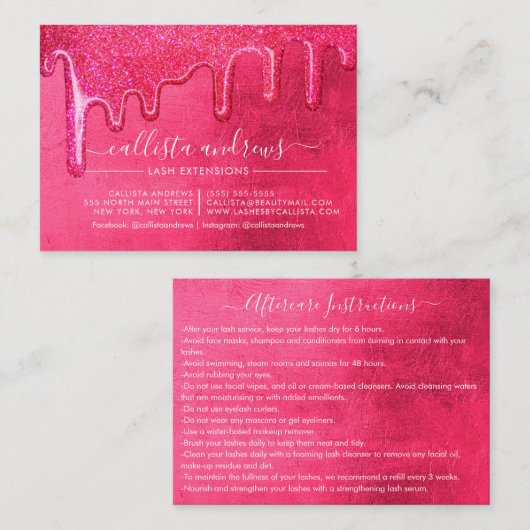 Neon roze dikke glitter druppels wimpers nazorg visitekaartje (Voorkant / Achterkant)