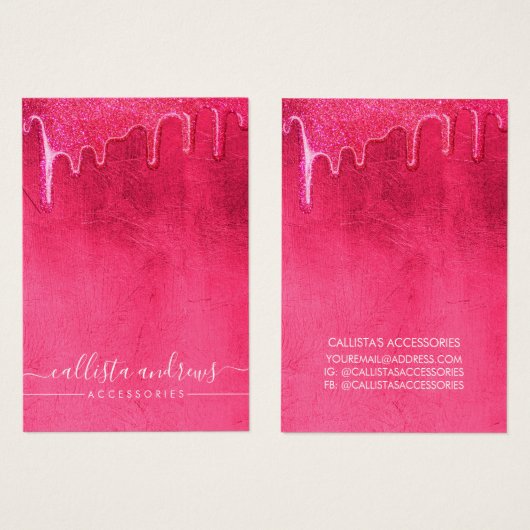 Neon roze dikke glitter druppelt Ketting beeldsche Visitekaartje (Voorkant /achterkant)
