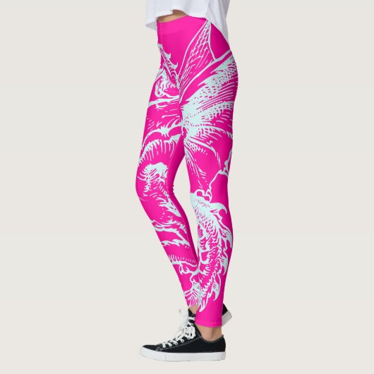 Neon Roze en Blauwgroen Dragon Pattern Athletic Leggings (Links)