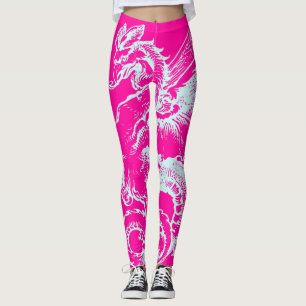Neon Roze en Blauwgroen Dragon Pattern Athletic Leggings
