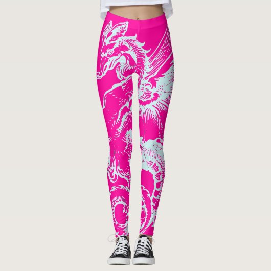 Neon Roze en Blauwgroen Dragon Pattern Athletic Leggings (Voorkant)