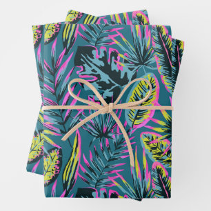 Neon roze en geel Abstract tropische bladeren Inpakpapier Vel