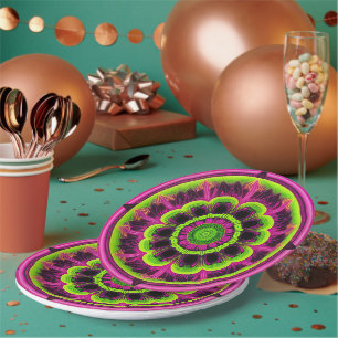 Neon Roze En Groen Kaleidoscoop Design Papieren Bordje