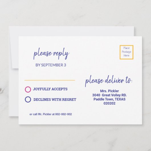 Neon roze en paars Pickleball B'day + RSVP Uitnodi Kaart (Achterkant)