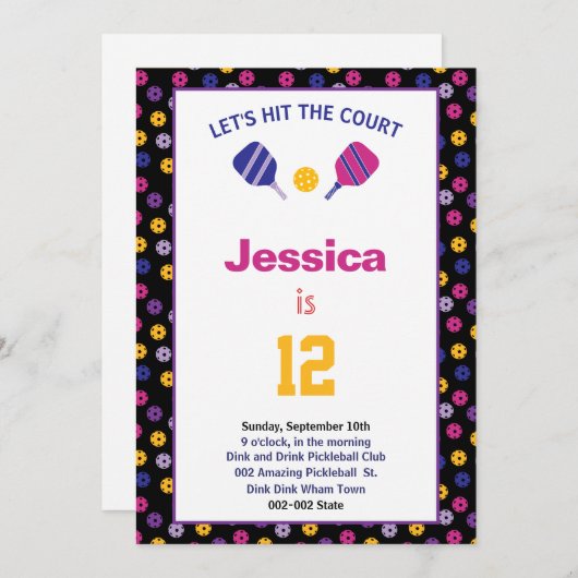 Neon roze en paars Pickleball B'day + RSVP Uitnodi Kaart (Voorkant / Achterkant)
