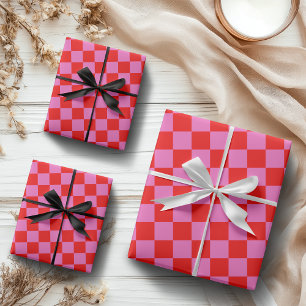 Neon Roze en Rood Geruit Dambord Vintage Inpakpapier Vel