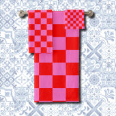 Neon Roze en Rood Geruite Checkerboard Bad Handdoek