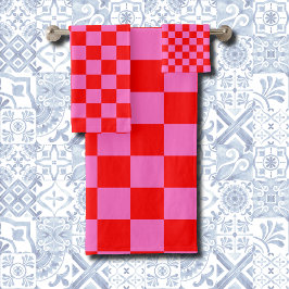 Neon Roze en Rood Geruite Checkerboard  Bad Handdoek