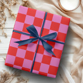 Neon Roze en Rood Geruite Checkerboard Cadeaupapier