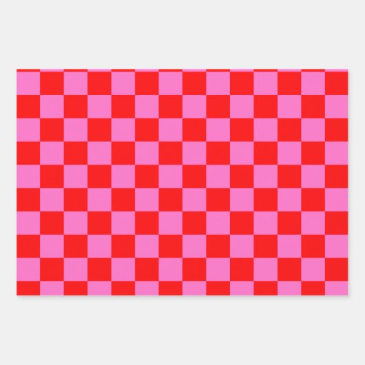 Neon Roze en Rood Geruite Checkerboard  Inpakpapier Vel (Voorkant)