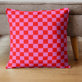 Neon Roze en Rood Geruite Checkerboard  Kussen