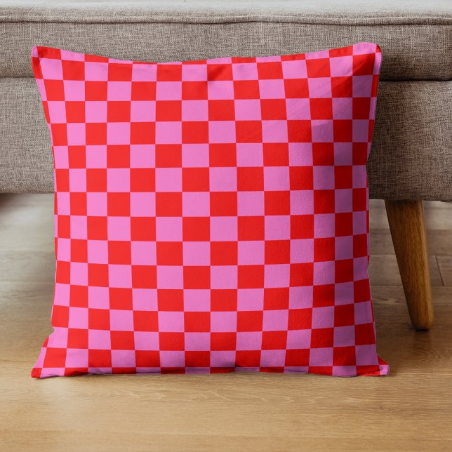 Neon Roze en Rood Geruite Checkerboard  Kussen (Creator heeft geüpload)
