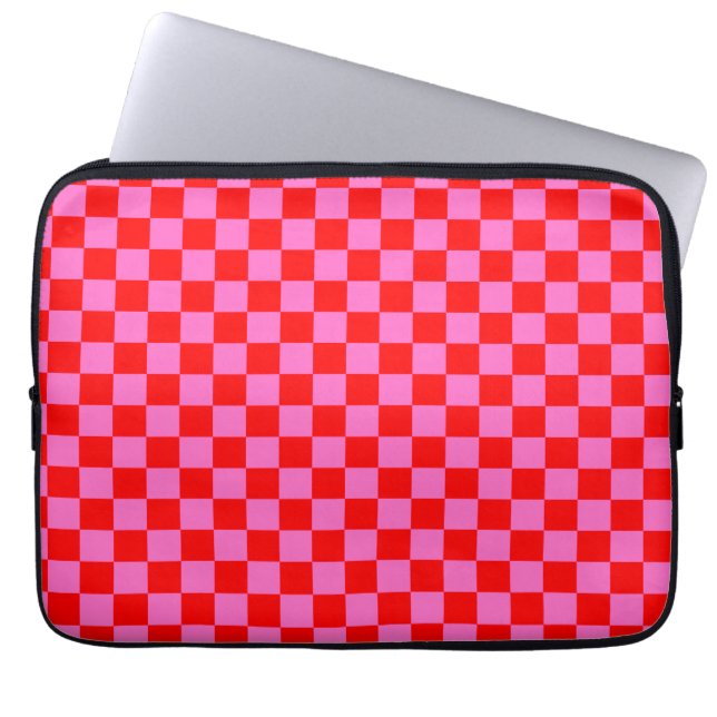 Neon Roze en Rood Geruite Checkerboard  Laptop Sleeve (Voorkant)