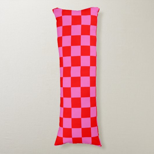 Neon Roze en Rood Geruite Checkerboard Lichaamskussen (Voorkant Verticaal)