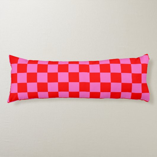Neon Roze en Rood Geruite Checkerboard Lichaamskussen (Voorkant)