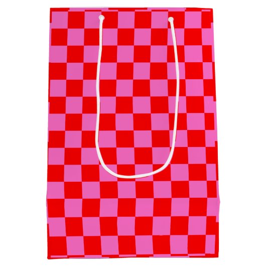 Neon Roze en Rood Geruite Checkerboard  Medium Cadeauzakje (Achterkant)