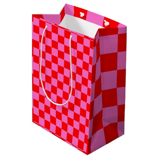 Neon Roze en Rood Geruite Checkerboard Medium Cadeauzakje (Achterkant Gekanteld)