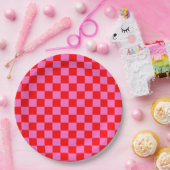 Neon Roze en Rood Geruite Checkerboard  Papieren Bordje (Feest)