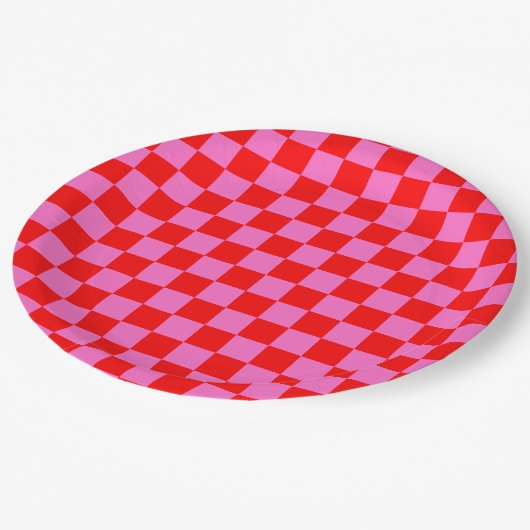 Neon Roze en Rood Geruite Checkerboard  Papieren Bordje (Gekanteld)