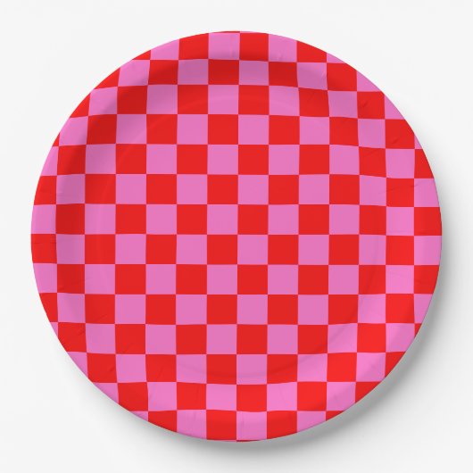 Neon Roze en Rood Geruite Checkerboard  Papieren Bordje (Voorkant)