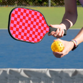 Neon Roze en Rood Geruite Checkerboard  Pickleball Paddle