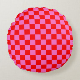 Neon Roze en Rood Geruite Checkerboard  Rond Kussen